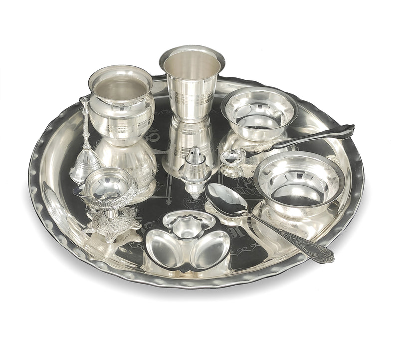 NOBILITY 12 Inch Silver Plated Pooja Thali Set with Accessories Daily Puja Decorative Gifts for Home Office Mandir Diwali Wedding Return Gift Items