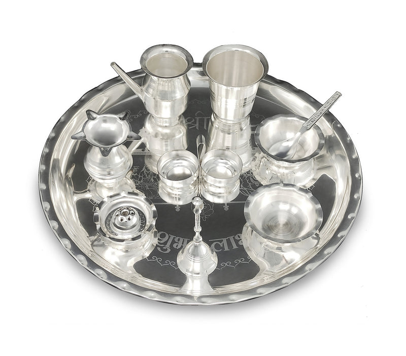 NOBILITY 12 Inch Silver Plated Pooja Thali Set with Accessories Daily Puja Decorative Gifts for Home Office Mandir Diwali Wedding Return Gift Items