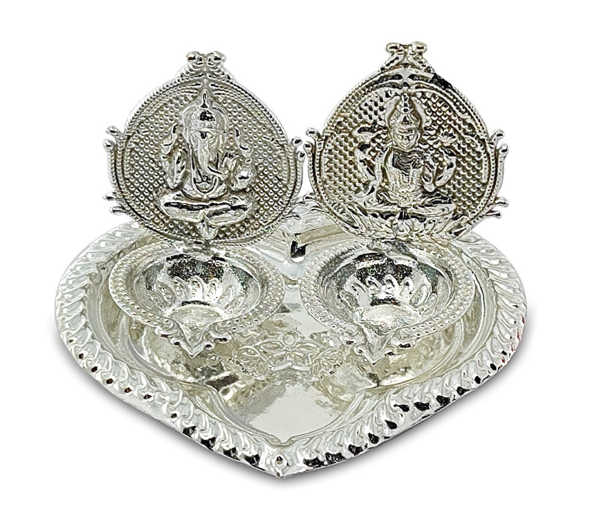 NOBILITY Silver Plated Diya with Red Velvet Gift Box Ganesh Lakshmi Design Idol Dia Pooja Items Diwali Decoration Puja Gifts Handmade Oil Lamp Traditional Indian Deepawali Gift Items