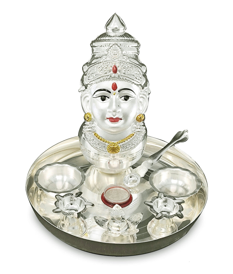 NOBILITY Silver Plated Pooja thali Set with Varalakshmi Devi Mukhota Idol Statue