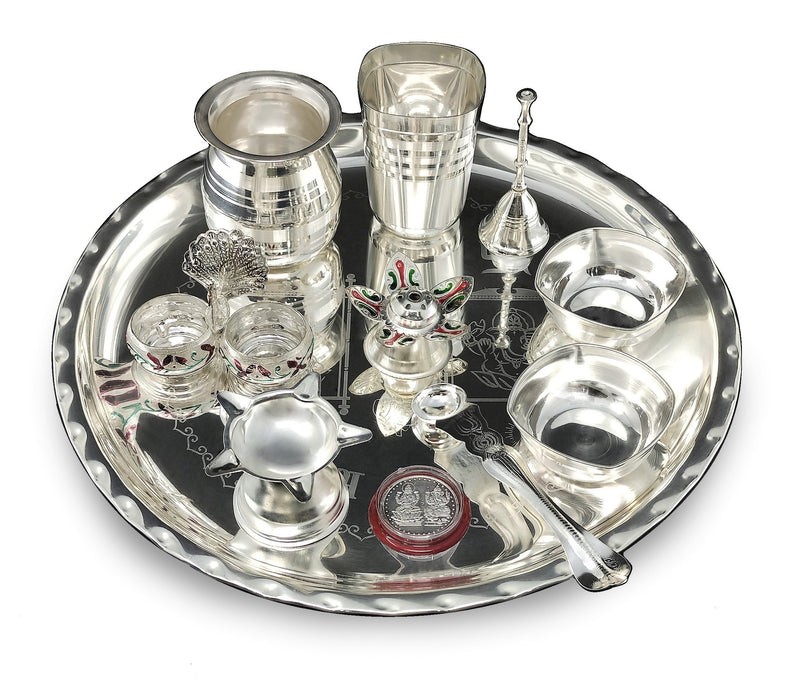 NOBILITY 12 Inch Silver Plated Pooja Thali Set with Accessories Daily Puja Decorative Gifts for Home Office Mandir Diwali Wedding Return Gift Items