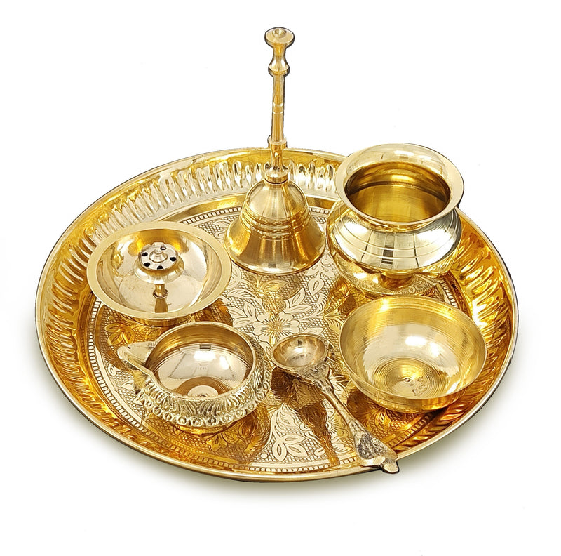 NOBILITY Brass Pooja Thali Set 7 Inch with Pital Puja Plate Kalash Bowl Spoon Dhup Dan Palli Ghanti Kuber Diya Chandan Wati Arti Thali for Diwali Home Office Mandir Wedding Return Gift Items