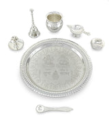 Pooja Thali Set Silver Plated with Red Gift Box Designed 22 cm Puja Plate Kalash Bowl Ghanti Spoon Dhup Dan Diya for Home Office Diwali Wedding Return Gift Items