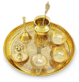 Brass Pooja Thali Set 8 Inch with Pital Plate Glass Nag Archmini Spoon Ghanti Kuber Diya Dhup Dan Bowl Puja Thali for Diwali Home Mandir Office Wedding Return Gift Items