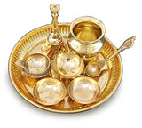 Pooja Thali Set Brass Small 6 Inch Puja Thali with Pital Plate Chandan Wati Kalash Kuber Diya Ghanti Palli Arti Thali for Diwali Home Office Mandir Wedding Return Gift Items