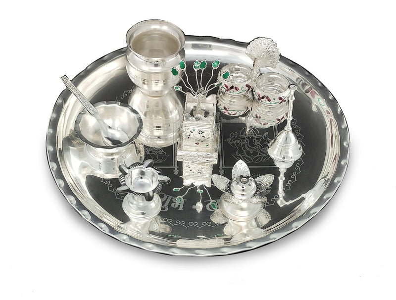 NOBILITY 12 Inch Silver Plated Pooja Thali Set with Accessories Daily Puja Decorative Gifts for Home Office Mandir Diwali Wedding Return Gift Items