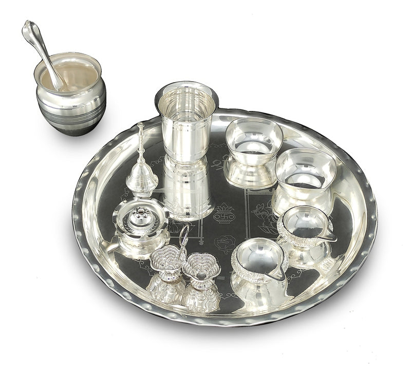 NOBILITY 12 Inch Silver Plated Pooja Thali Set with Accessories Daily Puja Decorative Gifts for Home Office Mandir Diwali Wedding Return Gift Items