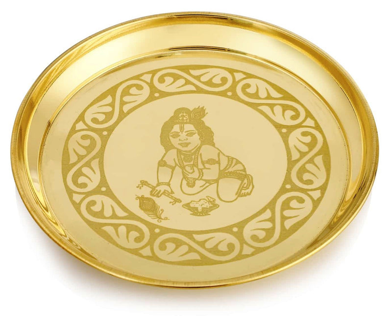 NOBILITY Brass Pooja Bhog thali Set 7 Inch Festival Kanha Krishna Thali Puja Set for Diwali Home Office Mandir Wedding Return Gift Items