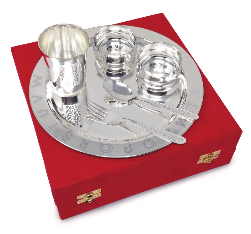 NOBILITY Silver Plated Baby Dinner Set With Red Velvet Box for Gift Rice Ceremony Annaprashan Sanskar for Boys Girls Kids Birthday Return Festive Gift Items