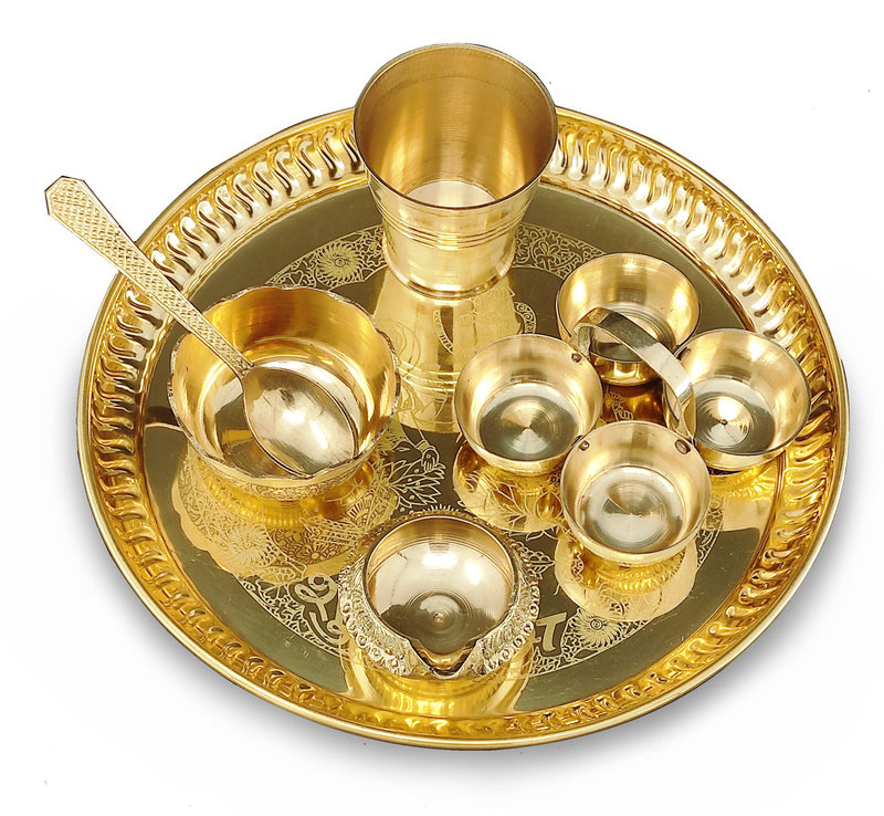 NOBILITY Brass Pooja thali Set 8 Inch with Pital Plate Glash Spoon Diya Bowl Dhup Dan Haldi Kumkum Holder Puja Arti Thali for Diwali Home Mandir Office Wedding Return Gift Items