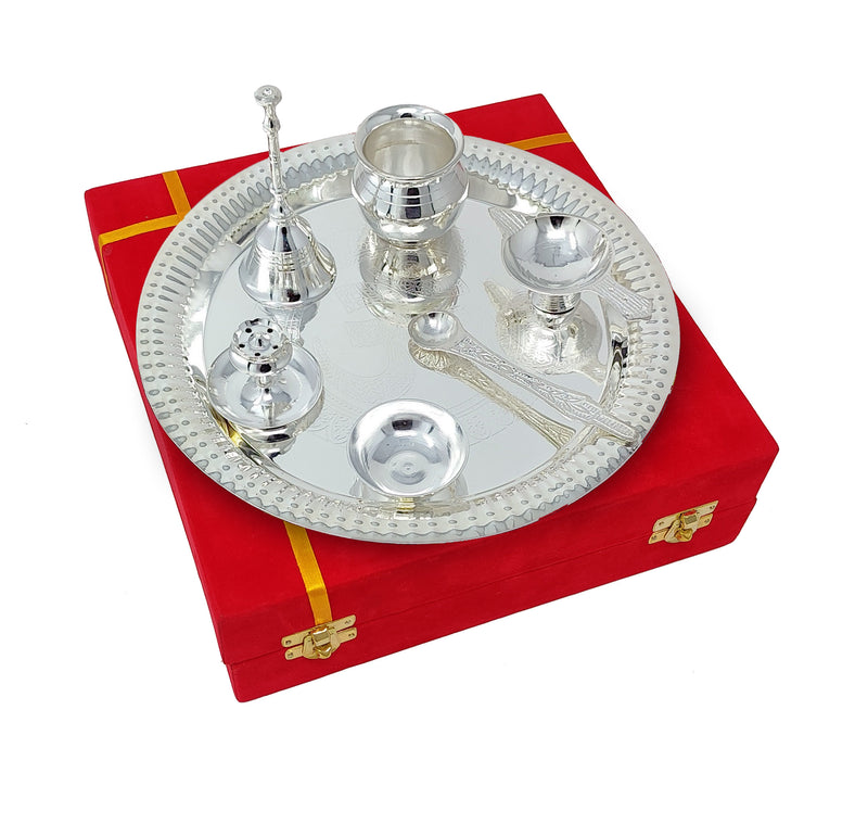 NOBILITY Pooja Thali Set Silver Plated with Red Gift Box Om Designed 22 cm Puja Plate Kalash Bowl Ghanti Spoon Dhup Dan Diya for Home Office Diwali Wedding Return Gift Items