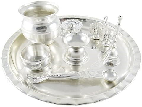 NOBILITY Pooja Thali Set 8 Inch Silver Plated with Accessories for Festival Ethnic Puja Thali for Diwali Home Temple Office Wedding Return Gift Items