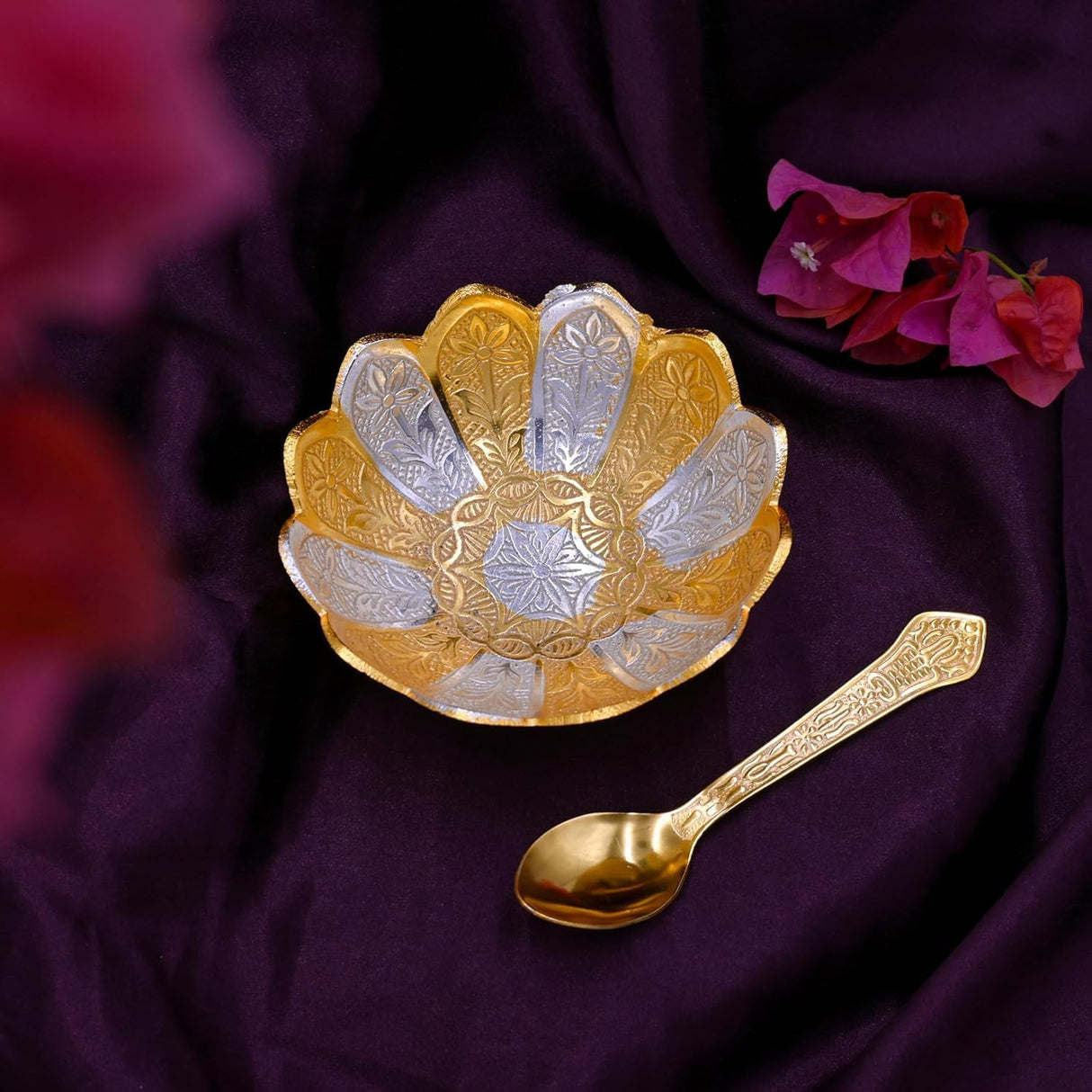 NOBILITY Bowl Spoon Set Gold and Silver Plated Light Weight with Red Velvet Box Friends Family Corporate Gift Items Diwali Christmas Eid Wedding Return Home Decoration Dessert Dry Fruits Serving Gifts