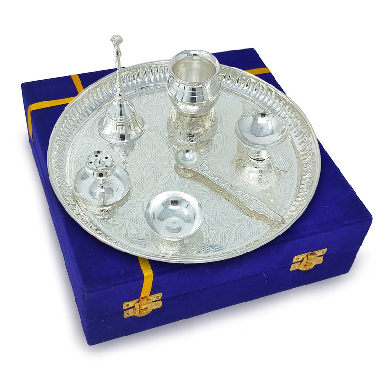 NOBILITY Pooja Thali Set Silver Plated with Blue Gift Box Designed 9 Inch Puja Plate Kalash Bowl Ghanti Spoon Dhup Dan Diya for Home Office Diwali Wedding Return Gift Items