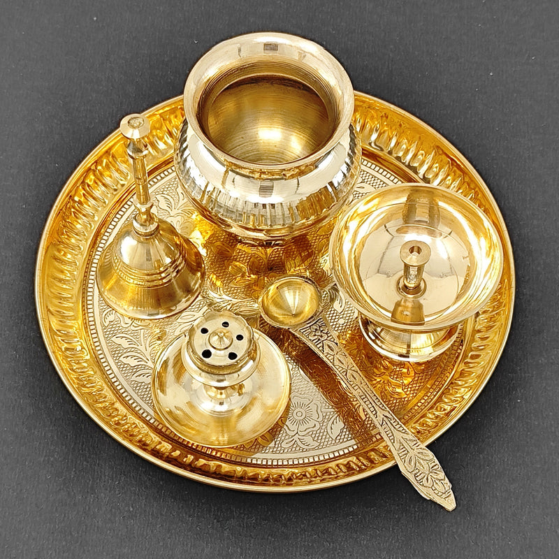 NOBILITY Brass Pooja Thali Set 7 Inch with Pital Puja Plate Kalash Bowl Spoon Dhup Dan Palli Ghanti Kuber Diya Chandan Wati Arti Thali for Diwali Home Office Mandir Wedding Return Gift Items