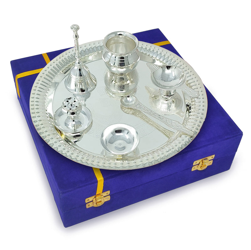 NOBILITY Pooja Thali Set Silver Plated with Blue Gift Box Om Designed 22 cm Puja Plate Kalash Bowl Ghanti Spoon Dhup Dan Diya for Home Office Diwali Wedding Return Gift Items