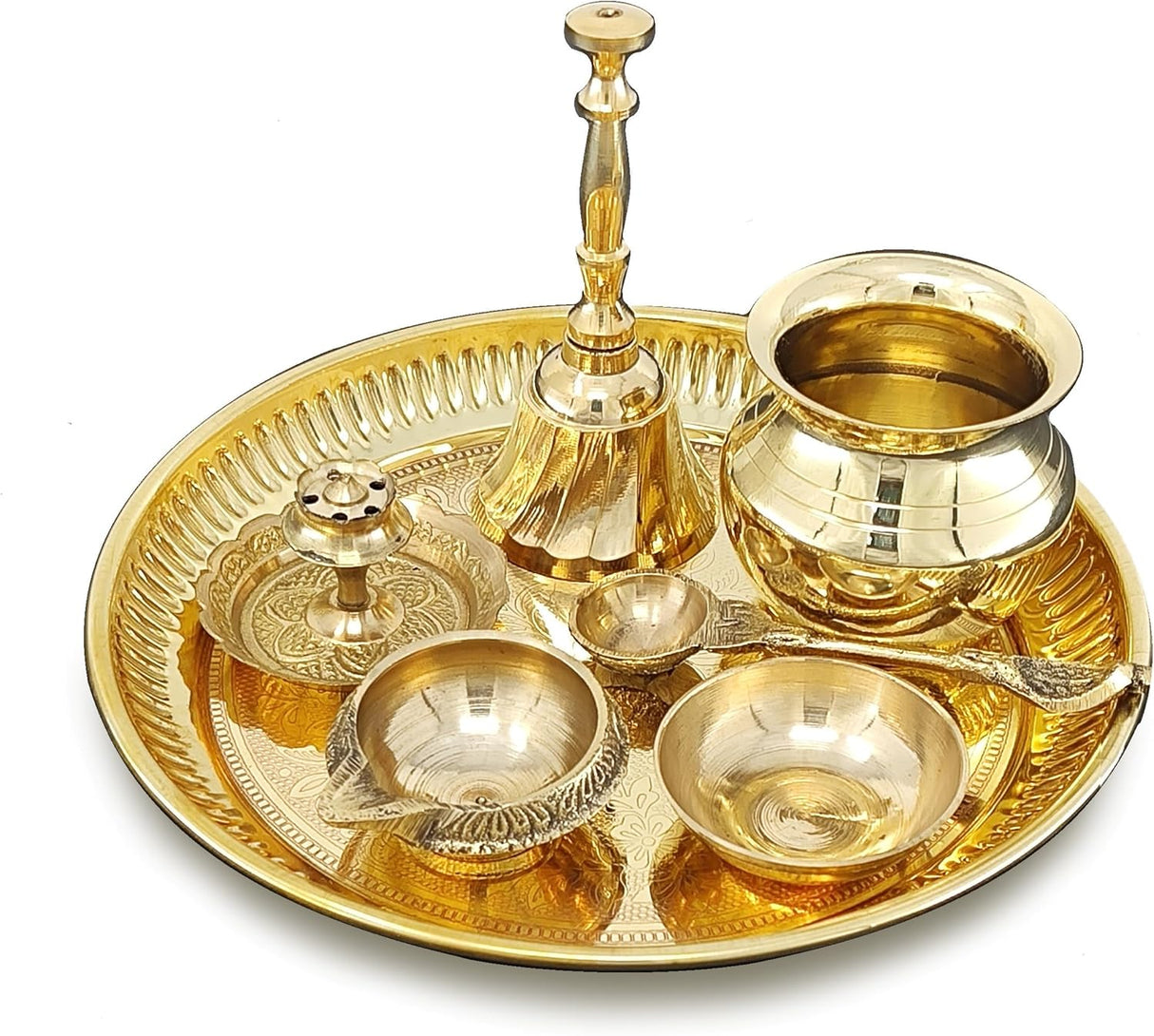 NOBILITY Brass Pooja Thali Set Small 6 Inch Puja Thali with Pital Plate Kalash Kuber Diya Chandan Wati Agarbatti Stand Ghanti Palli Arti Thali for Diwali Home Office Mandir Wedding Return Gift Items