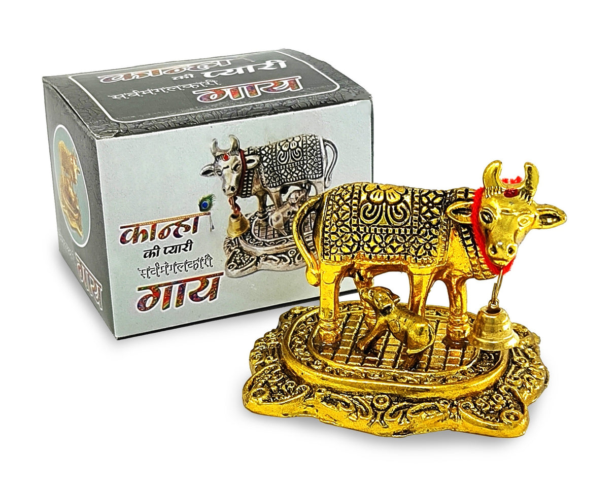 NOBILITY Golden Small Kamdhenu Cow with Calf Metal Statue Decorative Item Showpiece for Home Office Diwali Decoration Gift items Wedding Return Gifts