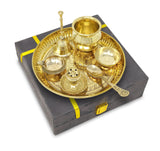 NOBILITY Brass Pooja Thali Set with Grey Gift Box 6 Inch Pital Plate Kalash Spoon Chandan Wati Dhup Dan Kuber Diya Ghanti Puja Arti Thali for Diwali Home Office Mandir Wedding Return Gifts