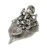 NOBILITY German Silver Diya Ganesha on Leaf Oil Lamp Statue Idol with Blue Velvet Gift Box Pooja Items Diwali Decoration Puja Gifts Handmade Oil Lamp Traditional Indian Deepawali Gift Items