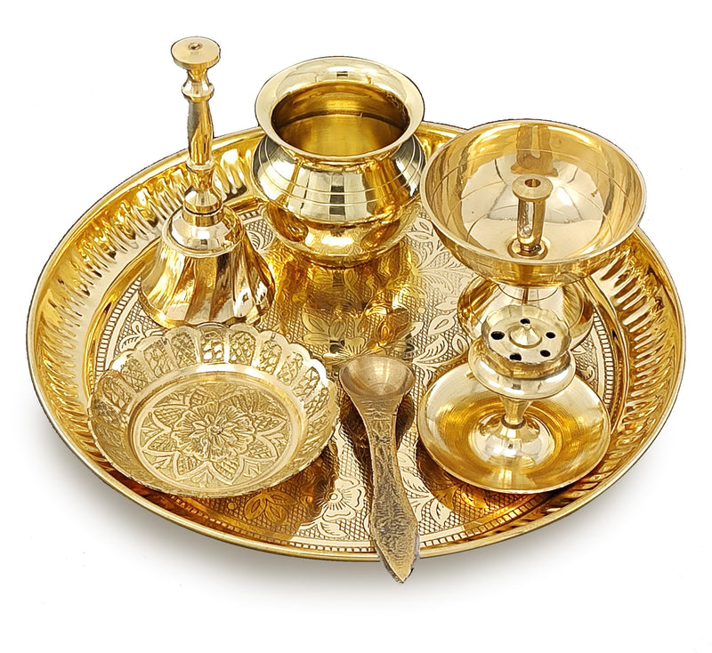 NOBILITY Brass Pooja Thali Set 7 Inch with Pital Puja Plate Kalash Bowl Spoon Dhup Dan Palli Ghanti Kuber Diya Chandan Wati Arti Thali for Diwali Home Office Mandir Wedding Return Gift Items