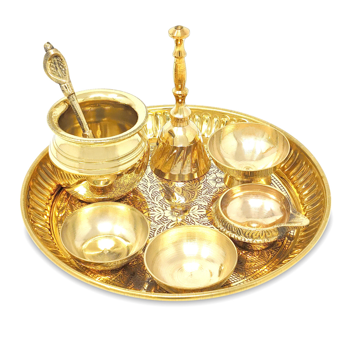 NOBILITY Brass Pooja Thali Set Small 6 Inch Puja Thali with Pital Plate Chandan Wati Kalash Kuber Diya Ghanti Palli Arti Thali for Diwali Home Office Mandir Wedding Return Gift Items