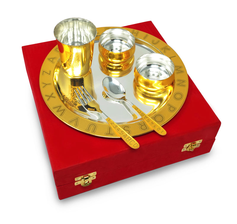 NOBILITY Gold & Silver Plated Baby Dinner Set With Red Velvet Box for Gift Rice Ceremony Annaprashan Sanskar for Boys Girls Kids Birthday Return Festive Gift Items