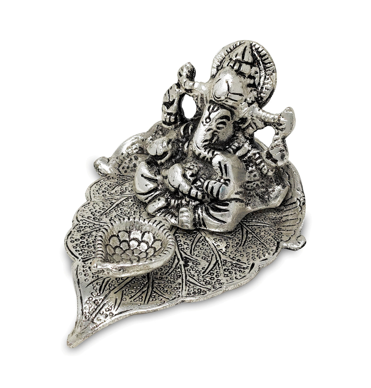 NOBILITY Ganesha on Leaf Statue Silver Ganesh Idol with Diya for Home Office Pooja Puja Diwali Decorative Wedding Return Gift Item