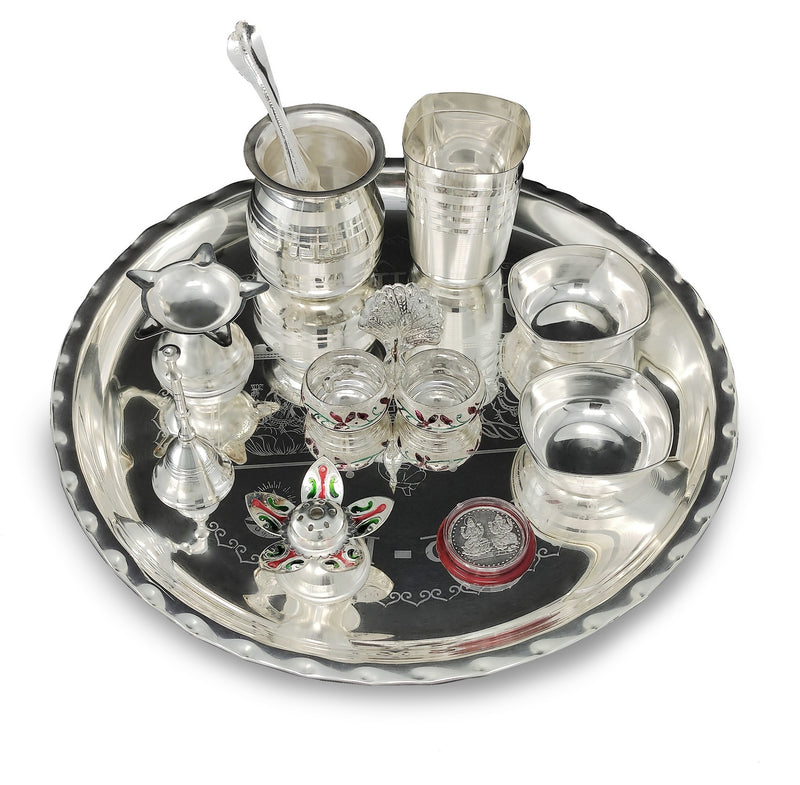 NOBILITY 12 Inch Silver Plated Pooja Thali Set with Accessories Daily Puja Decorative Gifts for Home Office Mandir Diwali Wedding Return Gift Items