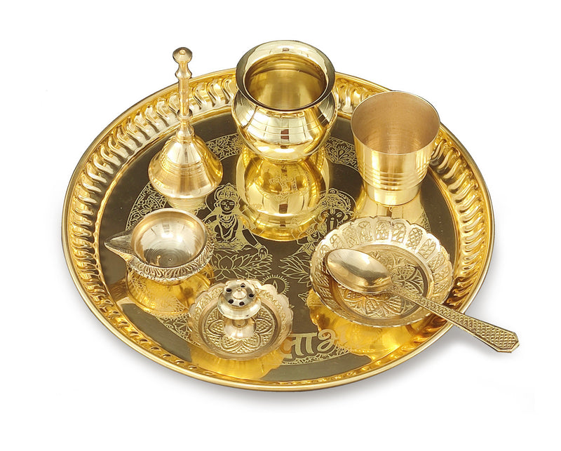 NOBILITY Brass Pooja thali Set 8 Inch with Pital Plate Kalash Spoon Glass Diya Bowl Dhup Dan Ghanti Kangura Plate Puja Arti Thali for Diwali Home Mandir Office Wedding Return Gift Items