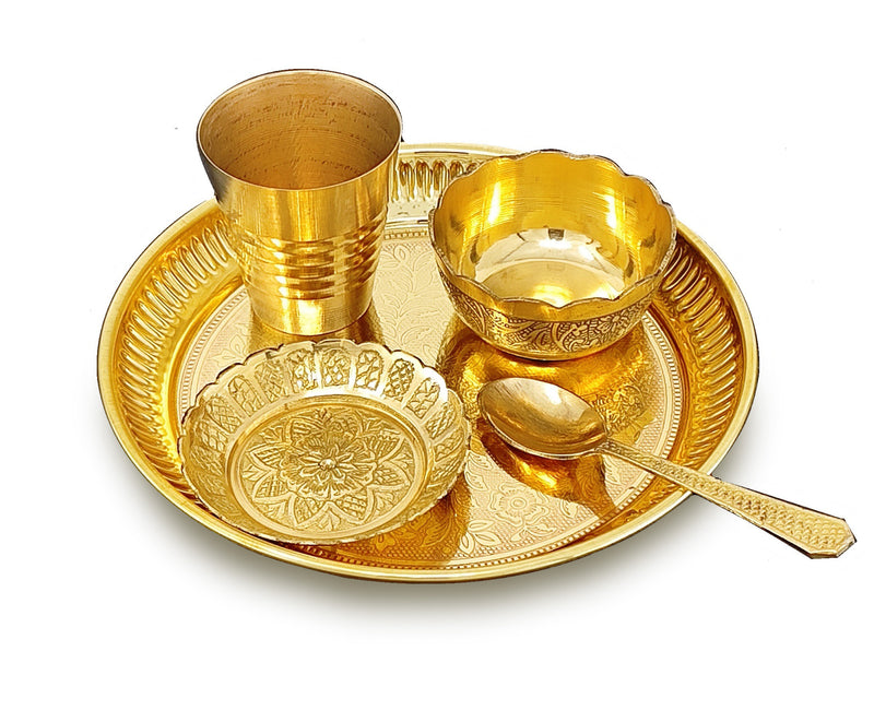 NOBILITY Brass Pooja Thali Set 6 Inch Puja Thali with Pital Plate Bowl Glass Kangura Plate Spoon Arti Thali for Diwali Home Office Mandir Wedding Return Gift Items