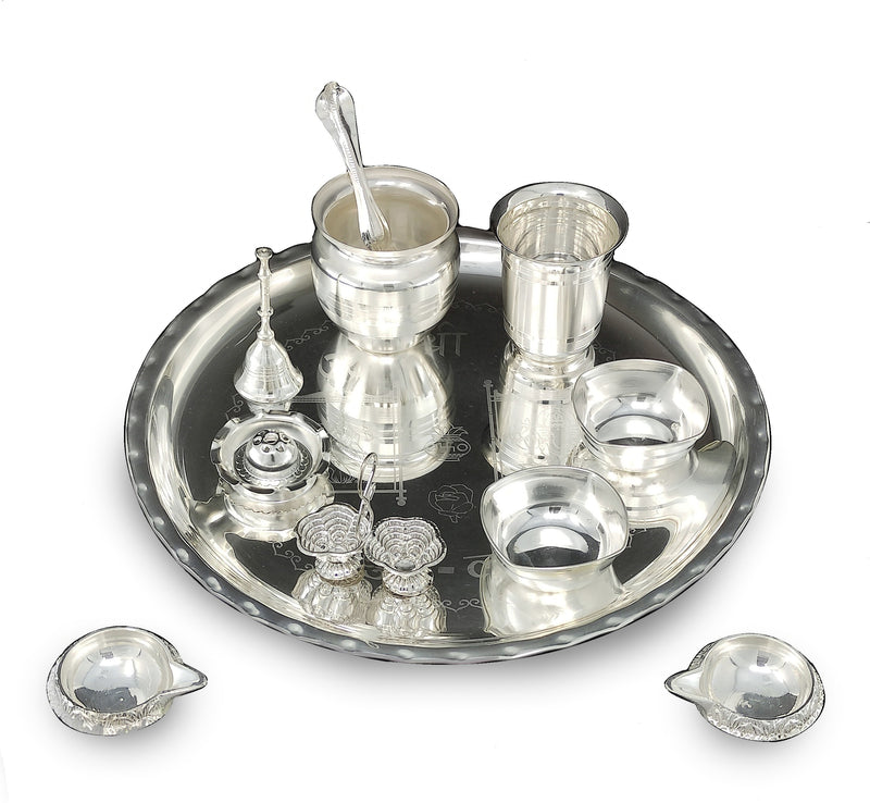 NOBILITY 12 Inch Silver Plated Pooja Thali Set with Accessories Daily Puja Decorative Gifts for Home Office Mandir Diwali Wedding Return Gift Items