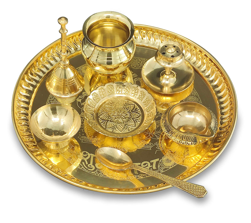 NOBILITY Brass Pooja thali Set 8 Inch with Pital Plate Dhup Dan Kalash Spoon Ghanti Bowl Kuber Diya Kangura Plate Puja Thali for Diwali Home Mandir Office Wedding Return Gift Items