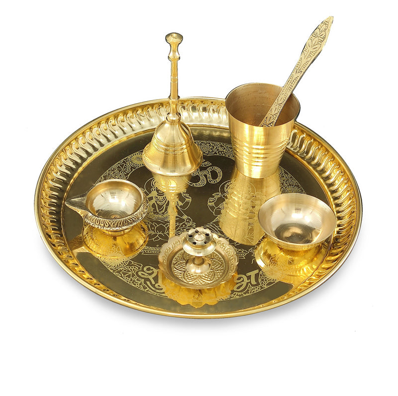 NOBILITY Brass Pooja thali Set 8 Inch with Pital Plate Glass Spoon Diya Bowl Designed Dhup Dan Ghanti Daily Puja Thali for Diwali Home Mandir Office Wedding Return Gift Items