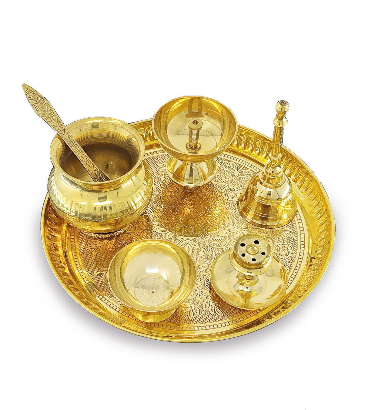 NOBILITY Brass Puja Thali Set 8 Inch Pooja Thali with Pital Plate Kalash Chandan Vati Piyali Deep Dhup Dan Ghanti Palli Diya Arti Thali for Diwali Home Office Mandir Wedding Return Gift Items