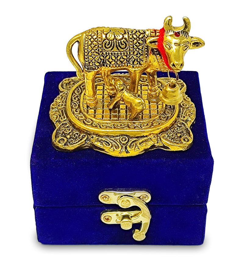 NOBILITY Golden Small Kamdhenu Cow with Calf Metal Statue with Blue Gift Box Decorative Item Showpiece for Home Office Diwali Decoration items Wedding Return Gifts