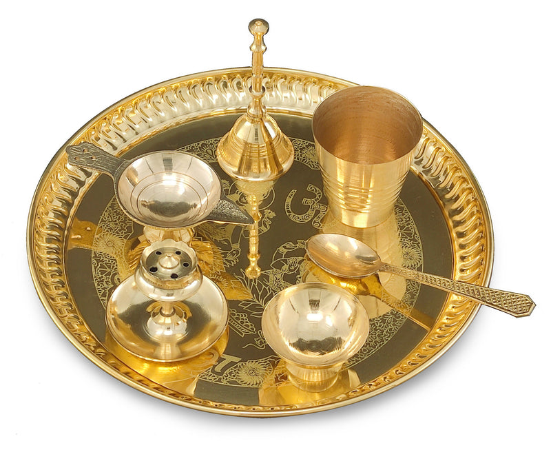 NOBILITY Brass Pooja thali Set 8 Inch with Pital Plate Agarbatti Stand Glass Spoon Ghanti Bowl Diya Puja Thali for Diwali Home Mandir Office Wedding Return Gift Items