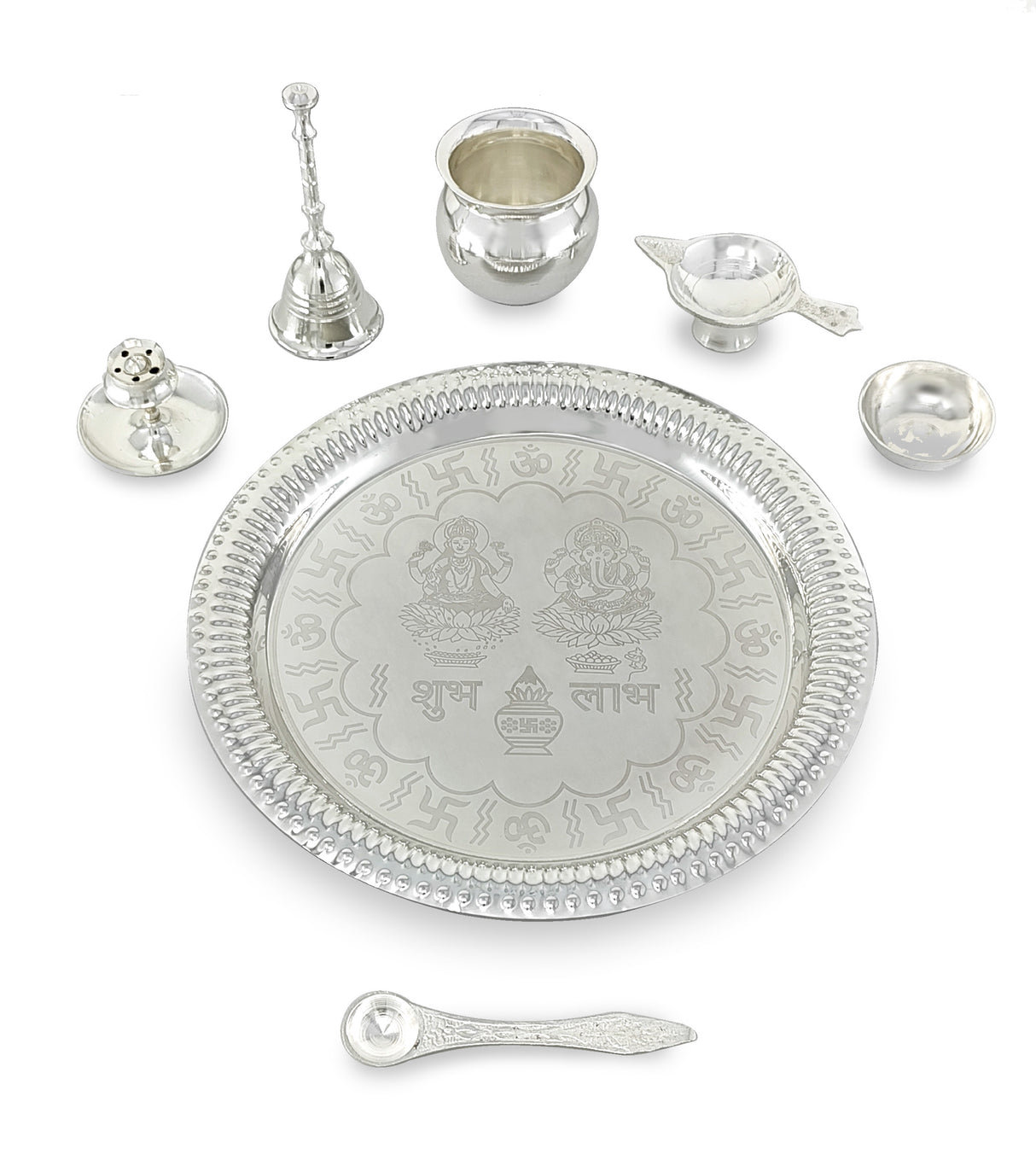 NOBILITY Pooja Thali Set Silver Plated with Gray Gift Box Designed Puja Plate 22 CM Bowl Ghanti Kalash Spoon Dhup Dan Diya for Home Office Diwali Wedding Return Gift Items