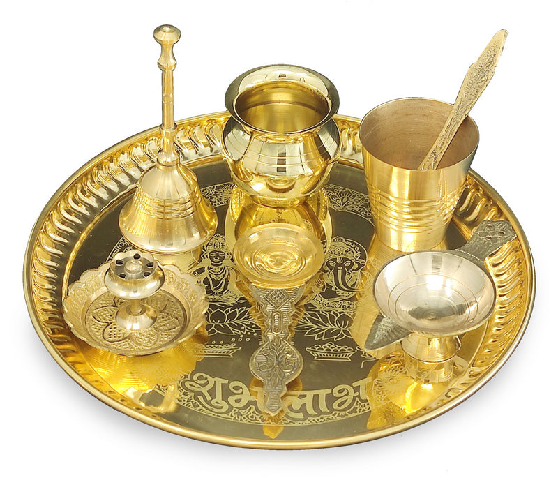 NOBILITY Brass Pooja thali Set 8 Inch with Pital Plate Glass Kalash Spoon Ghanti Bowl Agarbatti Stand Kuber Diya Puja Thali for Diwali Home Mandir Office Wedding Return Gift Items