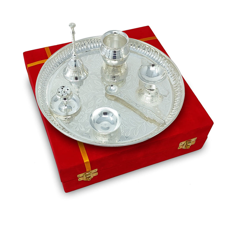 NOBILITY Pooja Thali Set Silver Plated with Red Gift Box Designed 9 Inch Puja Plate Kalash Bowl Ghanti Spoon Dhup Dan Diya for Home Office Diwali Wedding Return Gift Items