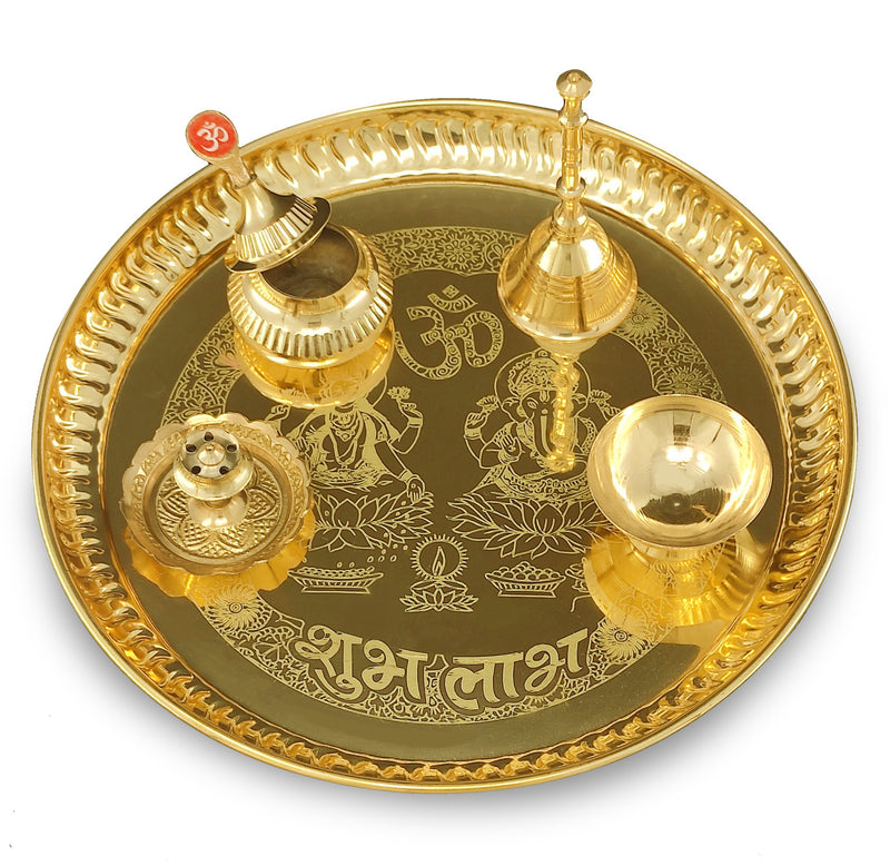 NOBILITY Brass Pooja thali 8 Inch with Kalash Kuber Diya Ghanti Spoon Bowl Dhup Dan Ganesh Lakshmi Design Puja Thali Set Festival Home Office Mandir Diwali Wedding Return Gift Items