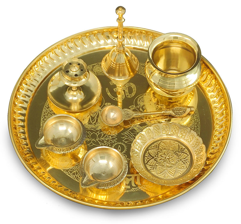 NOBILITY Brass Pooja thali Set 8 Inch with Pital Plate Kalash Spoon Ghanti Bowl Dhup Dan Kuber Diya Kangura Plate Puja Thali for Diwali Home Mandir Office Wedding Return Gift Items