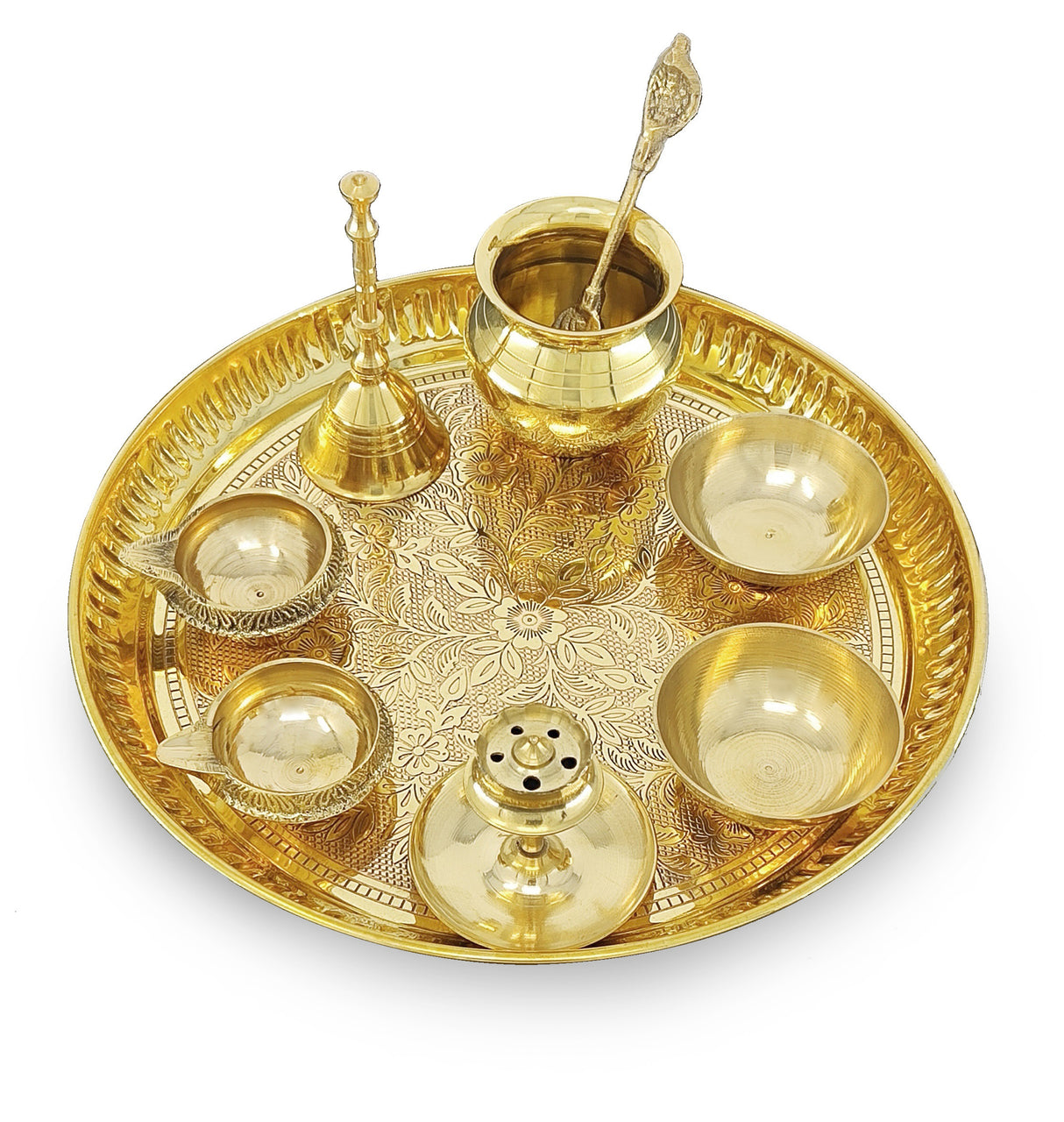 NOBILITY Brass Pooja Thali Set 8 Inch Puja Thali with Pital Plate Kalash Palli Chandan Vati Kuber Deep Dhup Dan Ghanti Arti Thali for Diwali Home Office Mandir Wedding Return Gift Items