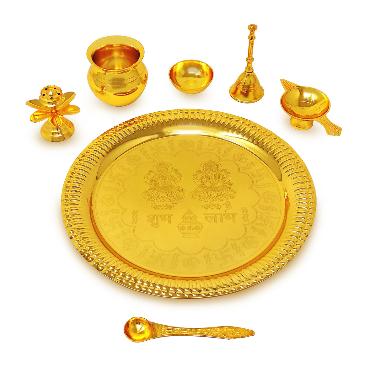 Bengalen Pooja Thali Set Gold Plated with Red Gift Box Designed 22 cm Puja Plate Kalash Bowl Ghanti Spoon Dhup Dan Diya for Home Office Diwali Wedding Return Gift Items