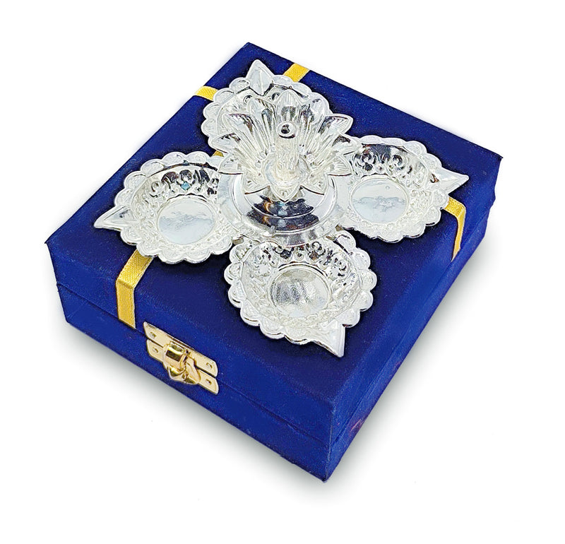 Nobility Silver Plated Diya with Blue Velvet Gift Box Panchmukhi Dia Pooja Items Diwali Decoration Puja Gifts Handmade Oil Lamp Traditional Indian Deepawali Gift Items