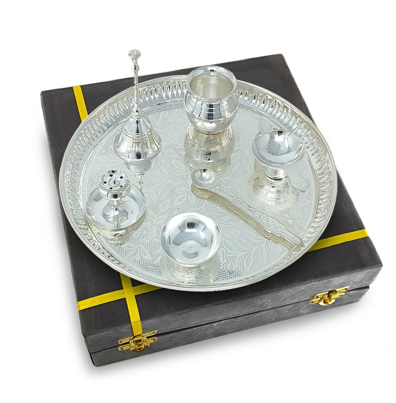 NOBILITY Pooja Thali Set Silver Plated with Gray Gift Box Designed 9 Inch Puja Plate Kalash Bowl Ghanti Spoon Dhup Dan Diya for Home Office Diwali Wedding Return Gift Items