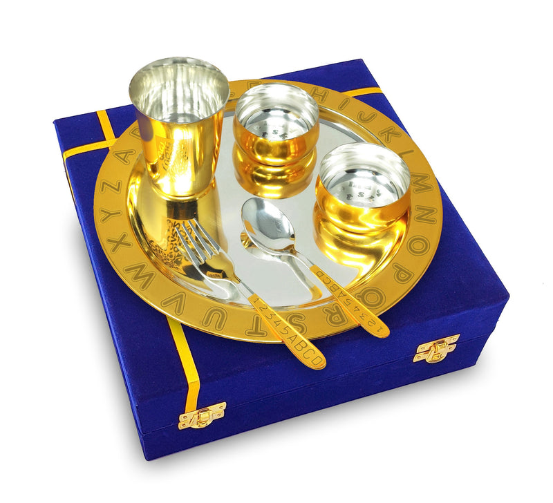 NOBILITY Gold & Silver Plated Baby Dinner Set With Blue Velvet Box for Gift Rice Ceremony Annaprashan Sanskar for Boys Girls Kids Birthday Return Festive Gift Items