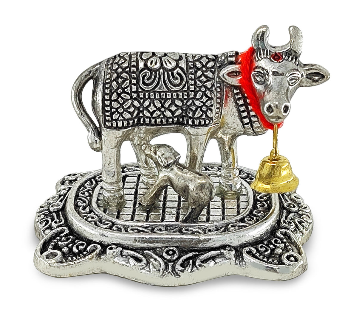 NOBILITY Small Kamdhenu Cow with Calf Metal Statue Decorative Item Showpiece for Home Office Diwali Decoration Items Wedding Return Gifts