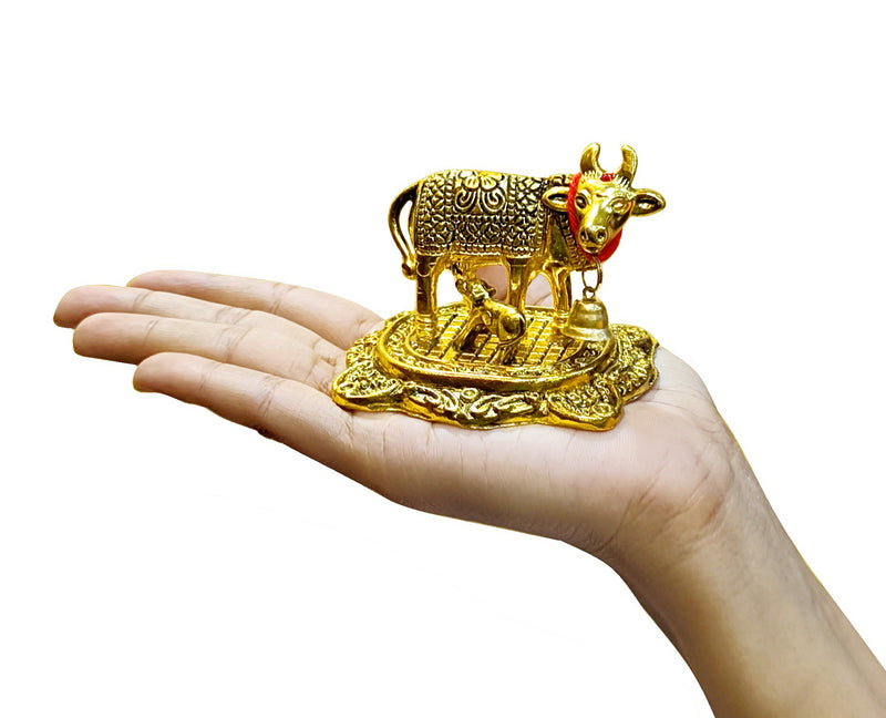 NOBILITY Golden Small Kamdhenu Cow with Calf Metal Statue with Blue Gift Box Decorative Item Showpiece for Home Office Diwali Decoration items Wedding Return Gifts