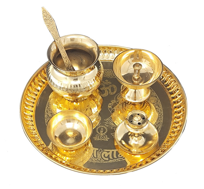 NOBILITY Brass Pooja Thali Set 8 Inch with Pital Plate Kalash Piyali Diya Dhup Dan Spoon Bowl Puja Thali for Diwali Home Office Mandir Wedding Return Gift Items